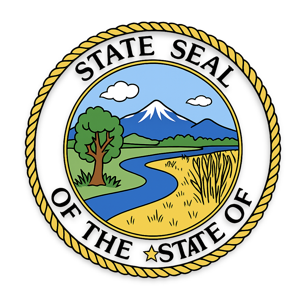 An AI-generated image of a generic state seal. It shows a seal with an image in the center showing a river, with a forest on one side and grain on the other. The ring around the image reads 'State Seal of the State of.'