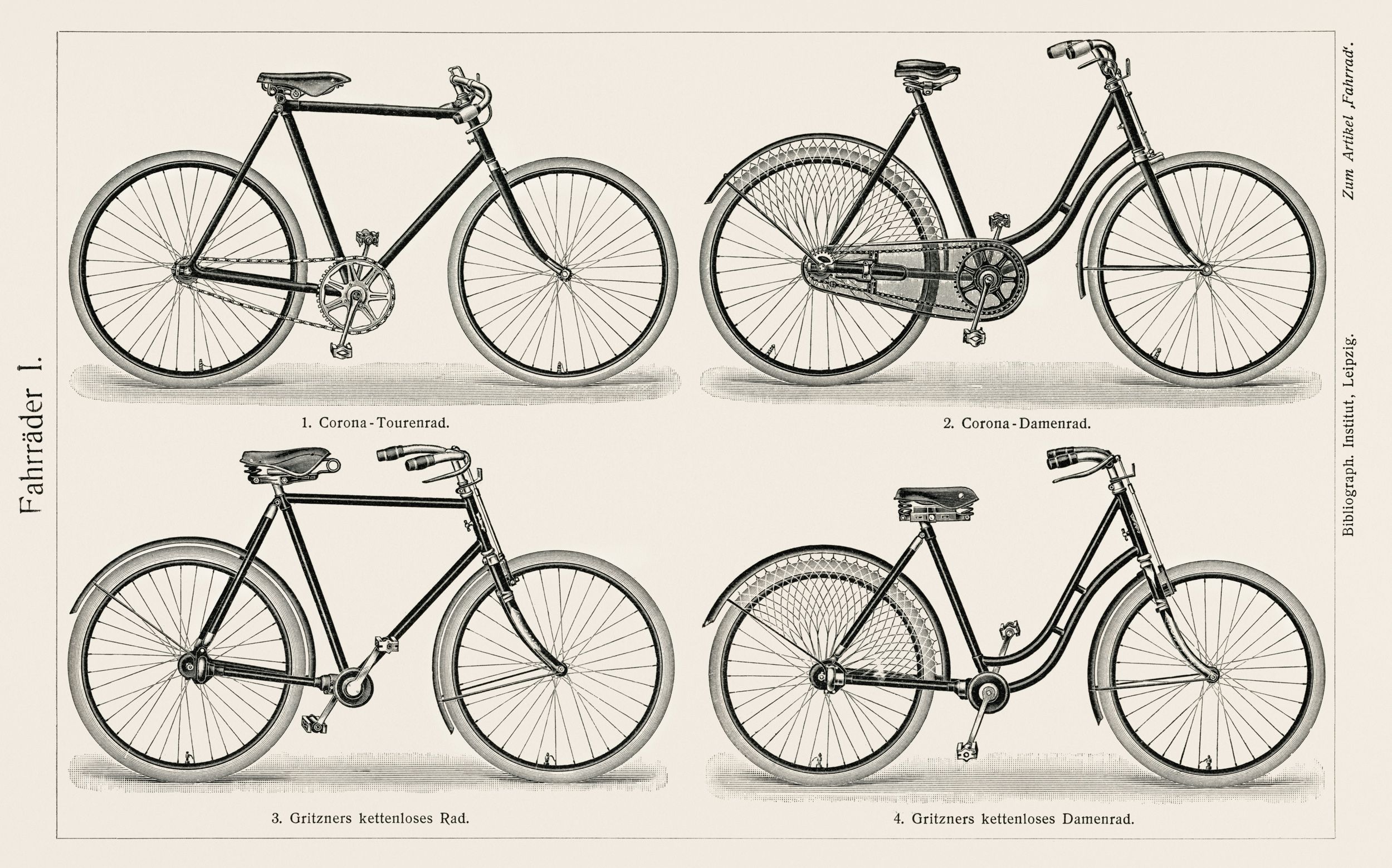 A German 19th century lithograph of bicycles