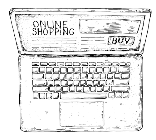 Hand drawn illustration of a view of an open laptop from the top down - with the words 'online shopping' and 'buy' on the screen. Illustration by DiViArt on Shutterstock. https://www.shutterstock.com/g/DiviArts