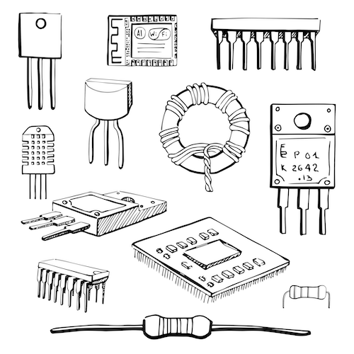 Hand drawn illustration of many electronic components such as capacitors, resistors and chips. Illustration by nadiia_oborska on Shutterstock.