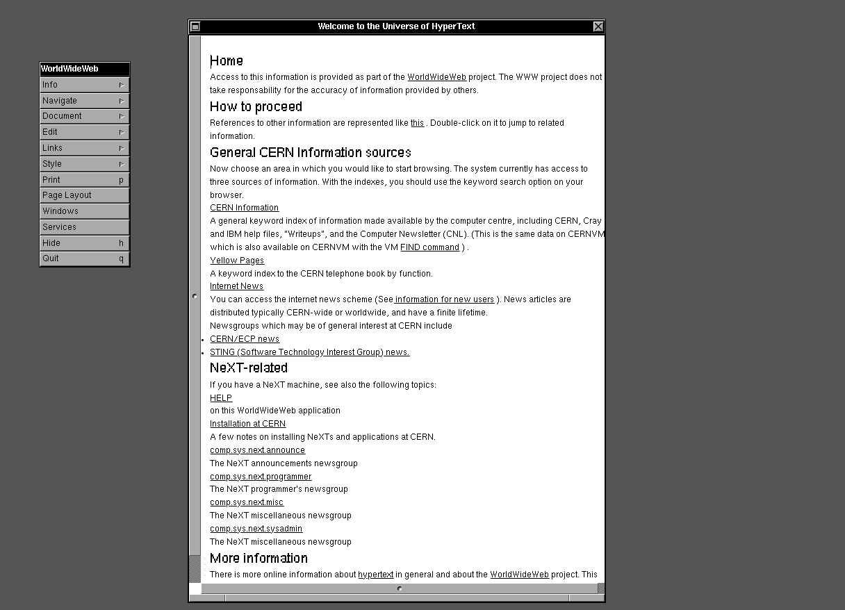 A simulated screenshot of WordWideWeb, the first web browser released in 1990, running on NextStep. This screenshot was taken from the CERN 2019 WorldWideWeb Rebuild.